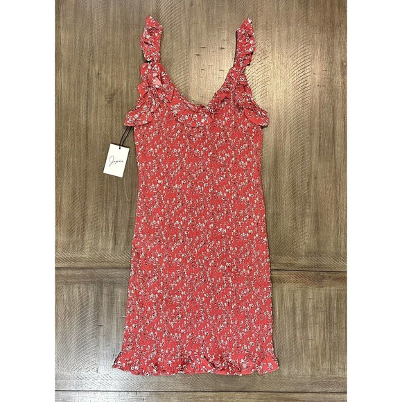 NWT Japna Women's Bodycon Stretch Dress Red Floral Sleeveless Ruffle V Neck - M - Picture 10 of 11